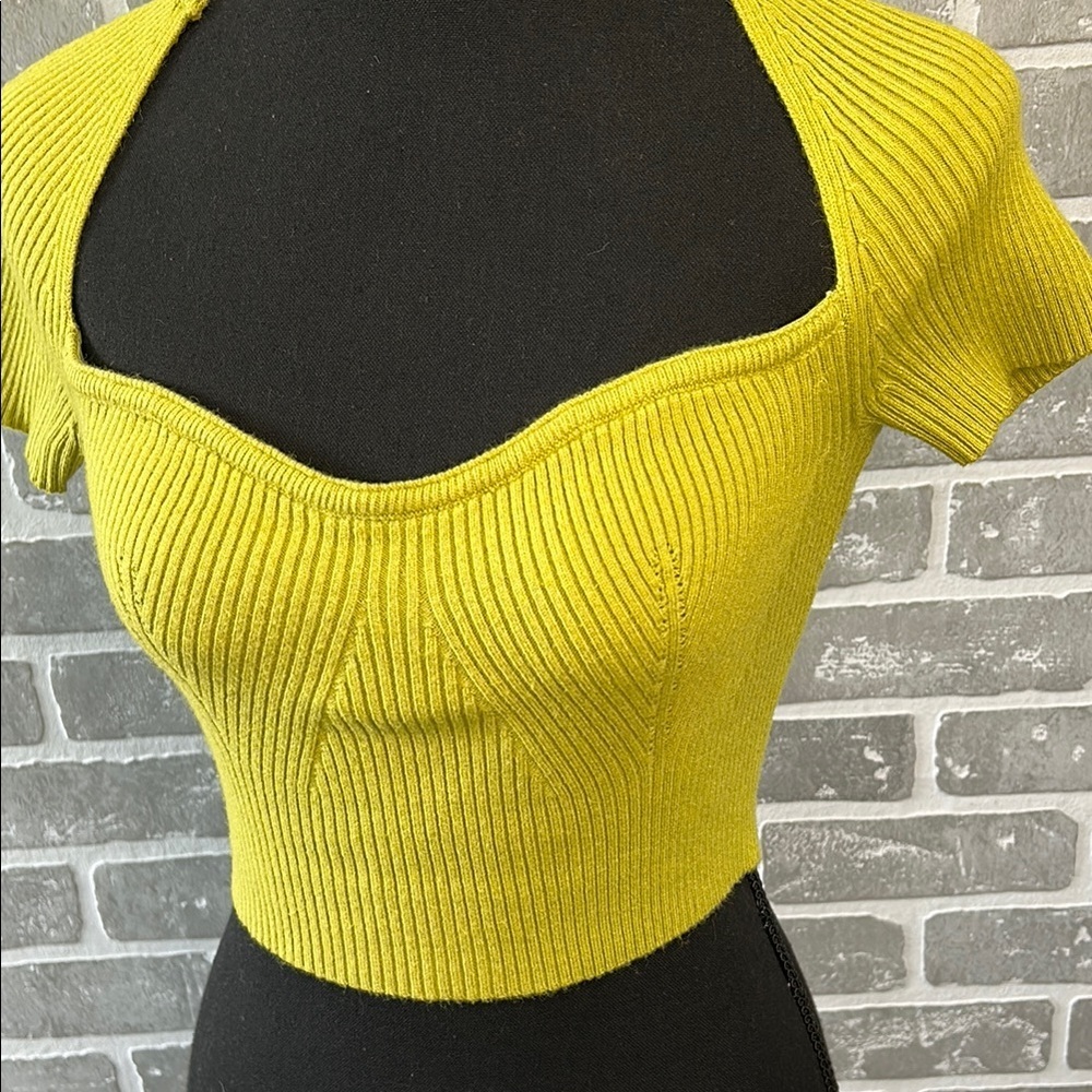 Isalis Ribbed Crop Top Sweater Small Lime Green Sweetheart Neckline Y2K - Picture 9 of 14